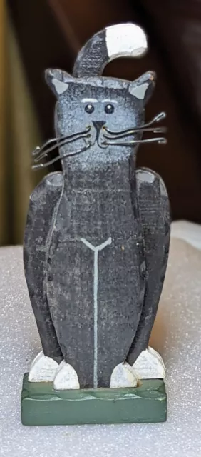 Vintage 6" Wood Handcrafted Black and White Kitty Cat Folk Art Figurine