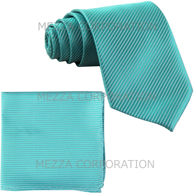 New polyester formal stripes men's neck tie & hankie set turquoise blue wedding