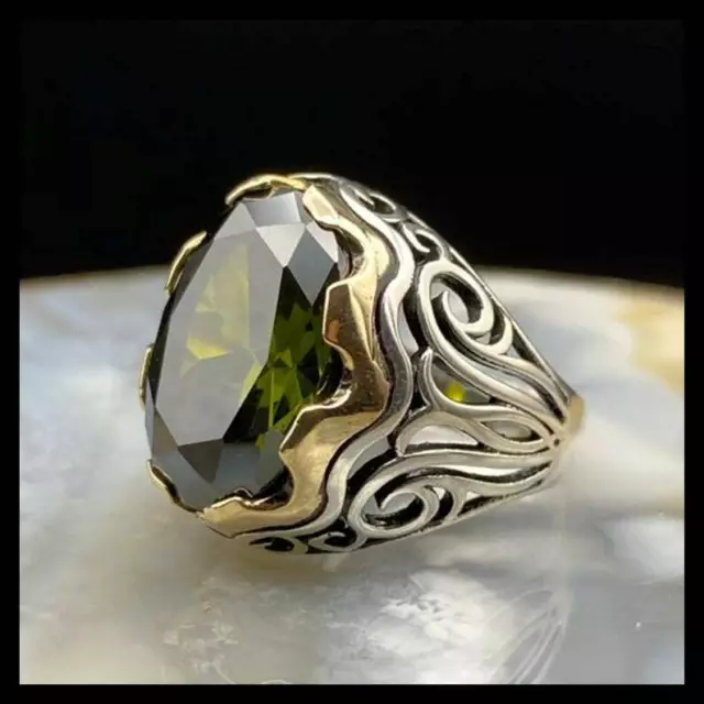 Turkish Handmade Jewelry 925 Sterling Silver Peridot Stone Men Rings