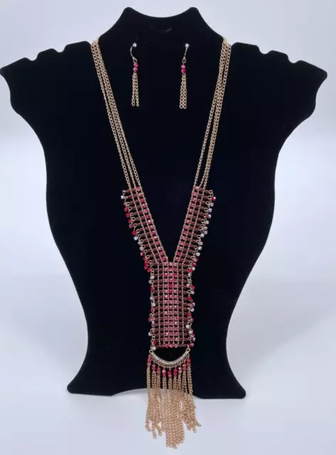 Charming Charlie Gold Tone Red Faceted Glass Bead Y-Drop Necklace Earrings Set