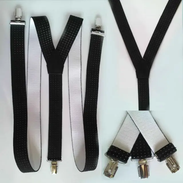Bretelle Spalline Nero Bianco Elastico Cintura 3 Clip per Pantaloni Jeans Nuovo
