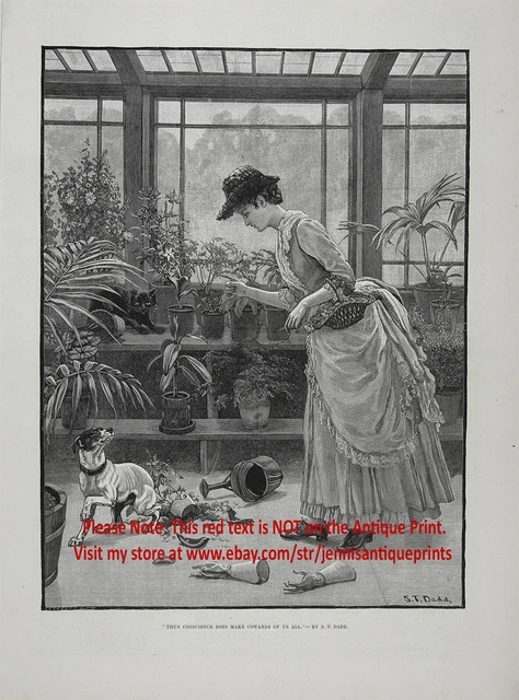 Dog Rat Terrier Naughty Digging in Greenhouse Beautiful Lady 1880s Antique Print