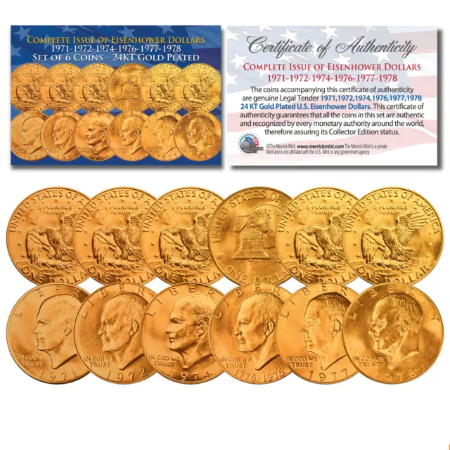 EISENHOWER IKE US DOLLARS 24K GOLD Clad 6-COIN Complete Set of 6 Years 1971-1978