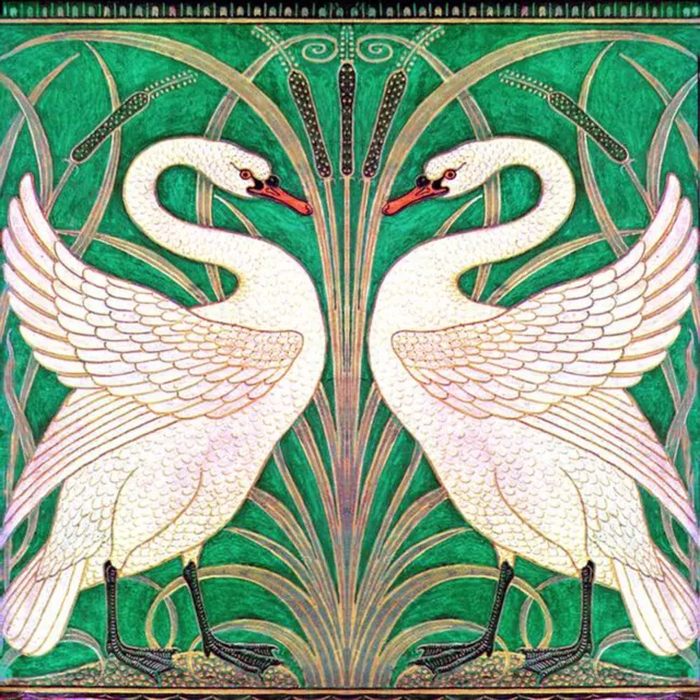 Walter Crane Swans Green Kiln Fired Ceramic or Porcelain16 Tile Mural Backsplash