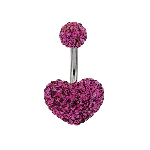 Steel Jewelco London Hot Pink Crystal Love Heart Disco Ball Banana Belly Bar