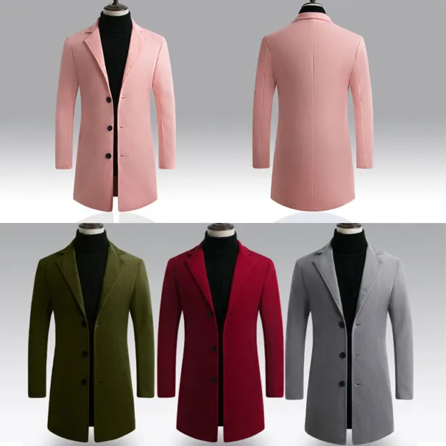 Men Wool Long Jacket Trench Coat Single Breasted Overcoat Warm Outwear Buttons