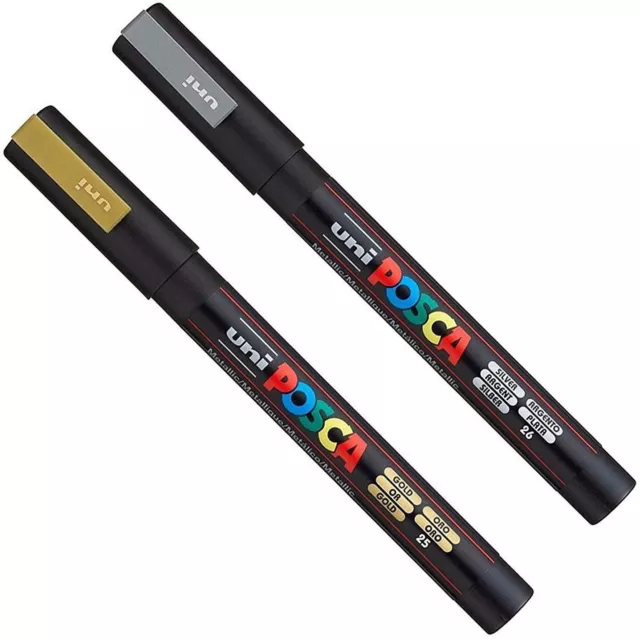 Posca PC-3M Paint Art Marker Pens - Fabric Glass Metal Pen - Set of Gold + Silve