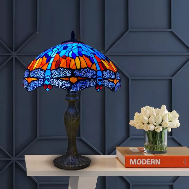 Tiffany 16 inch Table Lamp Dragonfly Style Handmade Stained Glass Multicolor