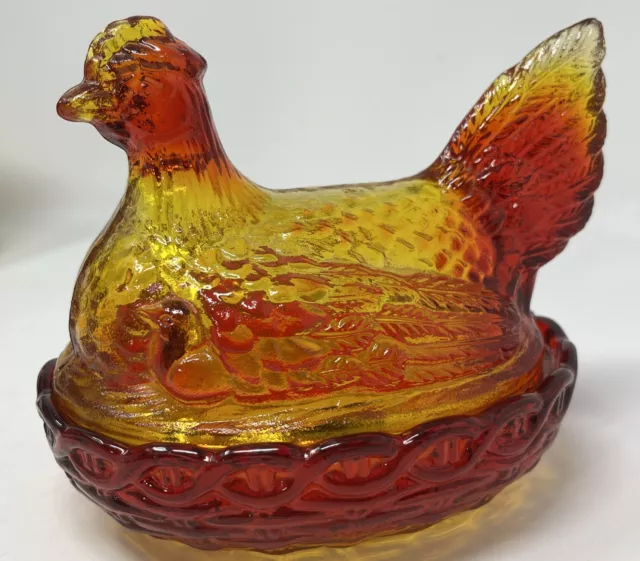 Vintage LE SMITH Glass Hen Chicken on Nest Covered Dish ~ Red FLAME Amberina