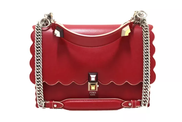 USED Fendi Red Scallop Leather Mini I Kan Chain Shoulder Bag AUTHENTIC