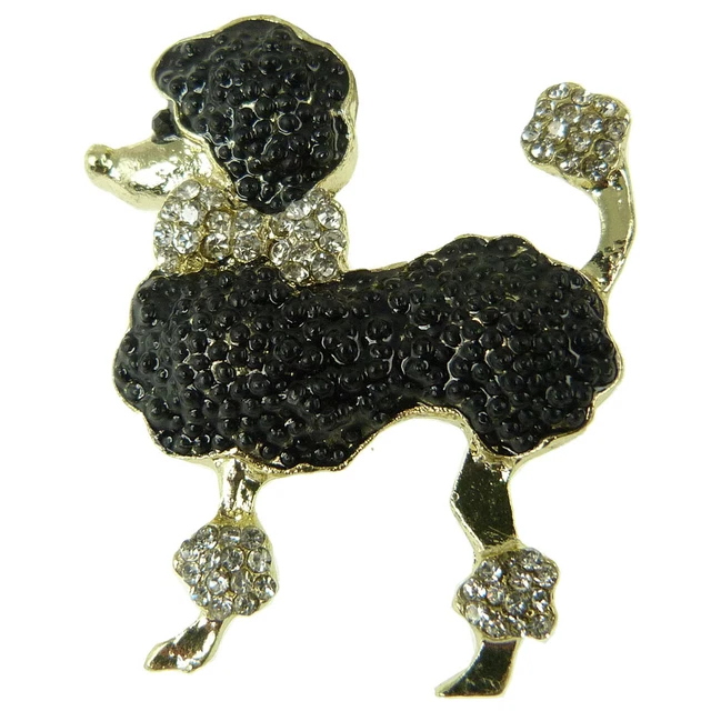 Broche chien caniche espiègle couleur noir argenté dore - Montres & Bijoux