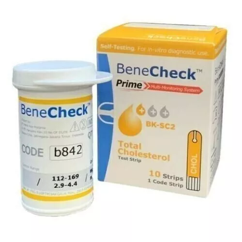 Tiras reactivas de colesterol BENECHECK Prime contienen 1 caja @ 10 tiras - CADUCIDAD 05/2024
