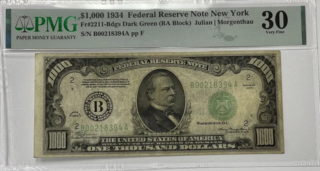 1934 $1000 Frn, New York, Fr-2211, Dark Green Seal, Pmg Vf-30, Fresh & Original!