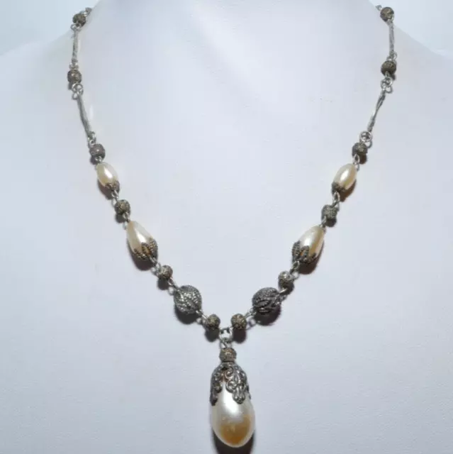 Elegant Vintage Art Deco French Faux Pearl Glass Dropper Bead Filigree Necklace