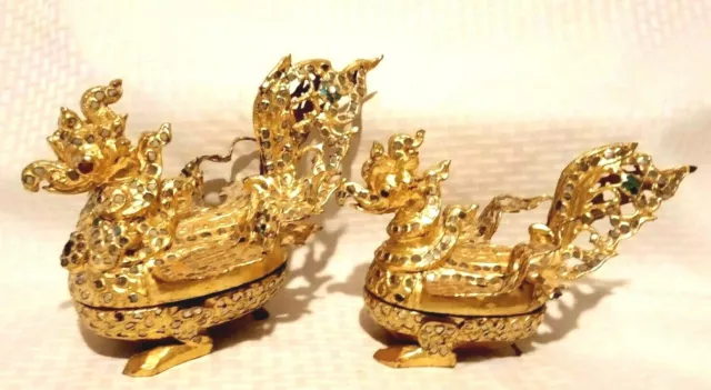 Antique Burmese Mirrored Gilt Hintha Bird Figures / Betal Boxes - Set of Two