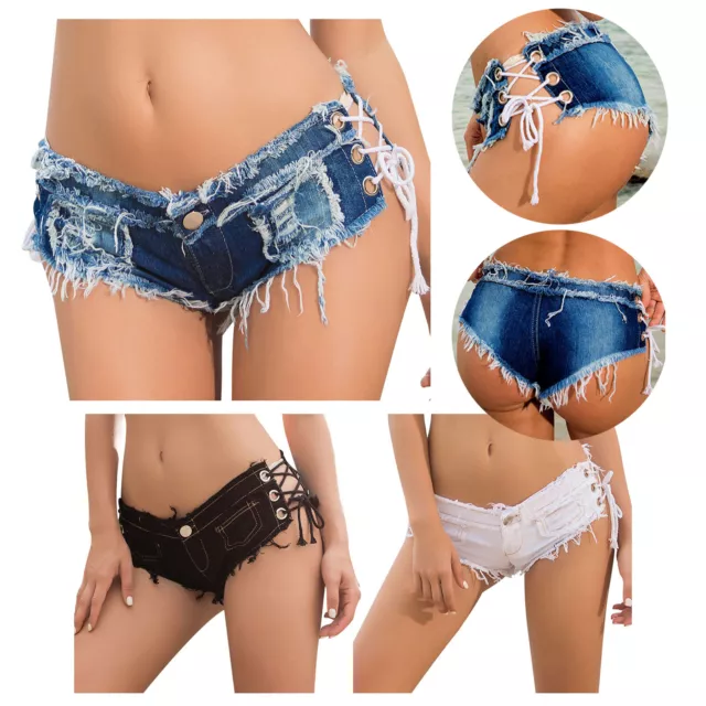 Women Micro Denim Shorts Low Waist Hot Pants Lace Up Distressed Mini Jeans