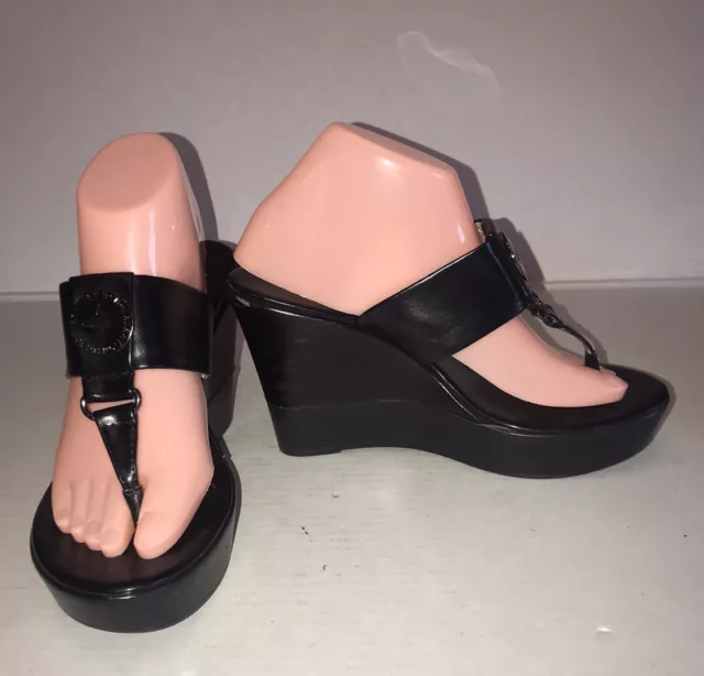 Vtg Y2K BCBGeneration Black Thong Logo Platform Wedge Sandals Sz 8