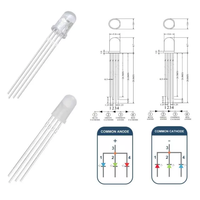 RGB LED 5mm 4-Pin Kurzkopf Strohhut LEDs klar diffus gemeinsame Kathode / Anode 2