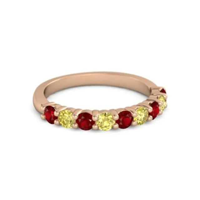 925 Silver Round 2.5MM Ruby Yellow Tourmaline Eternity Rose Plated Women Ring