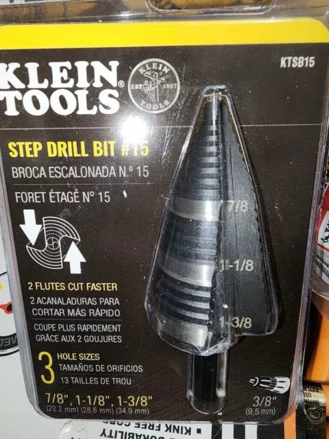 Klein Tools Step Drill Bit #15 7/8", 1 - 1/8", 1- 3/8" (2 Flutes Cut Faster