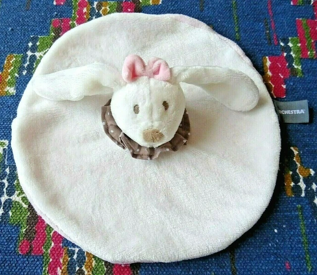 Cp/  Doudou Plat Rond Orchestra Lapin Blanc Col Pois Marron Noeud Rose Etat Neuf