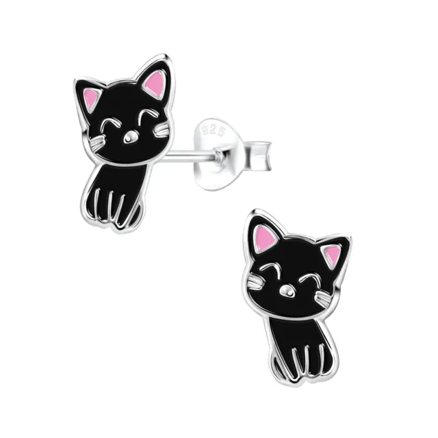 925 Sterling Silver Stud Earrings Black Cat Pair of Ear Studs Ladies Girls Boxed