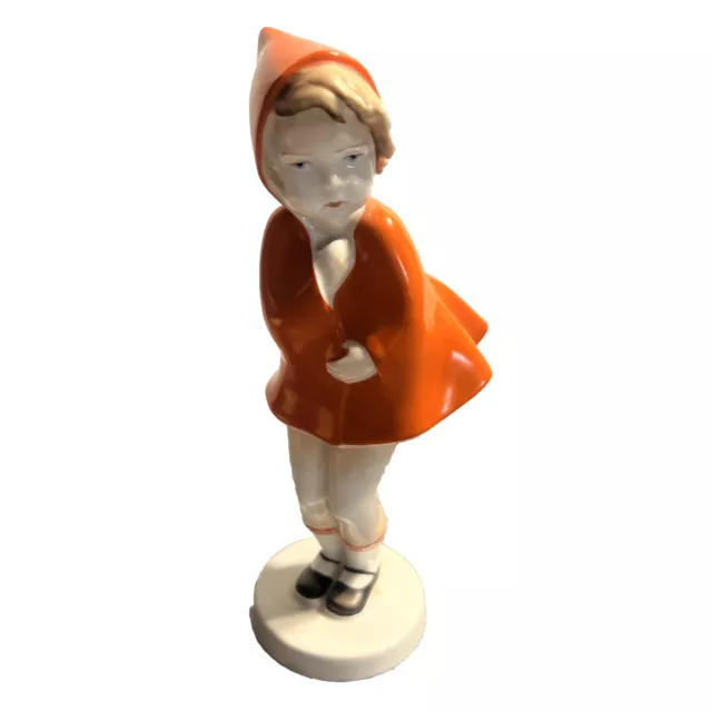 Metzler Ortloff Art Deco Porcelain Girl Figure In Reddish -Orange Cap Coat