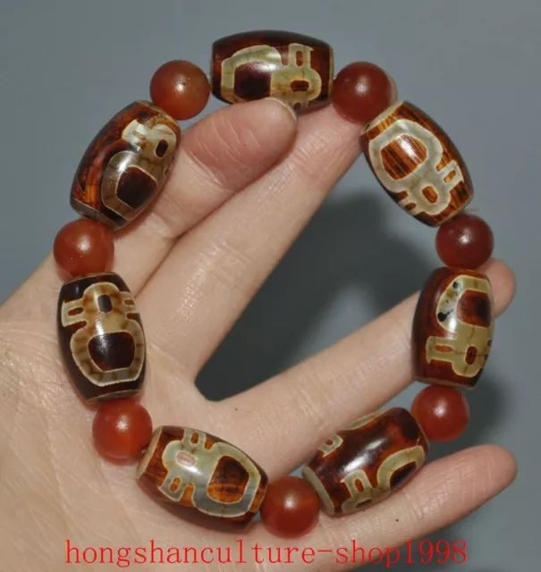 4" Chinese Ancient natural agate carved exorcism amulet Bracelet hand chain