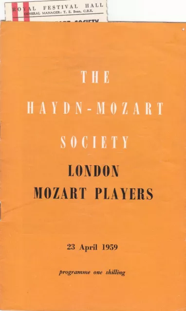 Concert Programme 1959 RFH Nina Milkina Richard Adeney Harry Blech Mozart Player