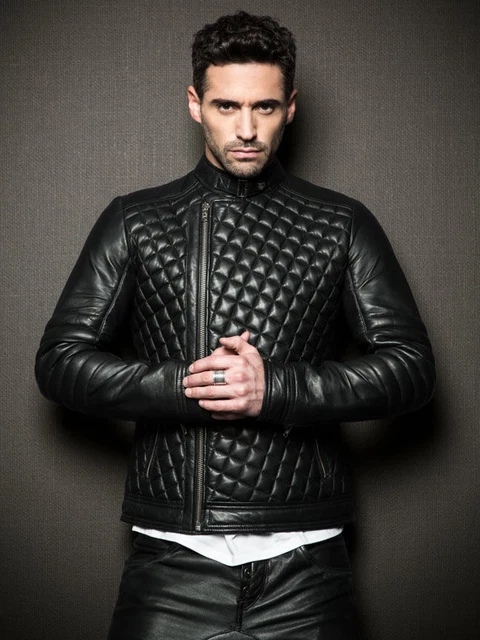 Mens Black Leather Motorcycle Jacket Quilted Real Genuine Lambskin Jacket - 227