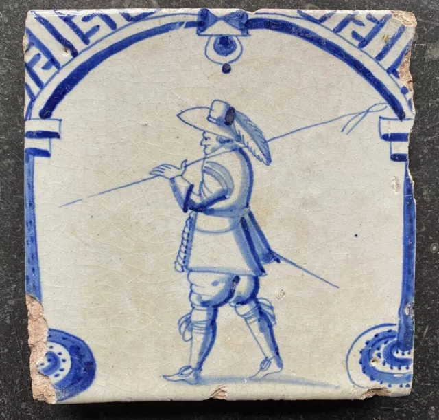 Antique Early Rare Dutch Delft Tile Soldier ‘’Poorttegel’’ 17TH C.