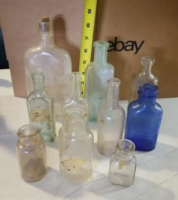 Vintage Antique Lot Of 10 Multicolor Glass Medicine/Apothecary Bottles