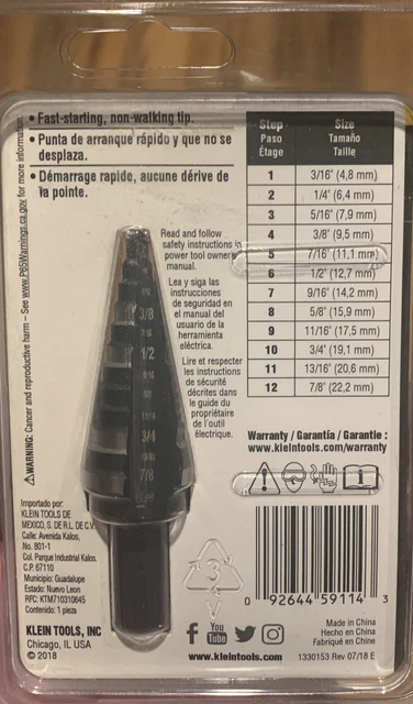 KLEIN TOOLS KTSB14 Step Drill Bit #14 Double-Fluted 3/16 to 7/8-Inch  NEW 2