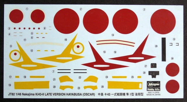 1/48 JT82 DECALQUES POUR NAKAJIMA Ki43-II LATE VERSION HAYABUSA (OSCAR) - NEUF