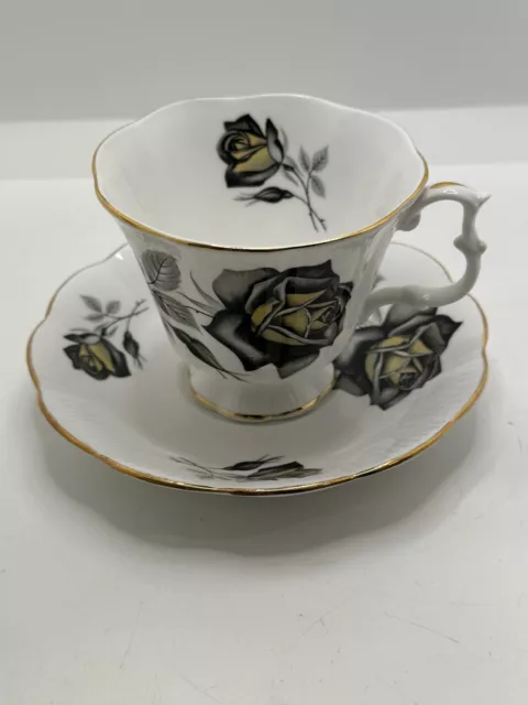 Royal Albert Teacup & Saucer Black Rose Gold Bone China UK Vintage England￼ BX24