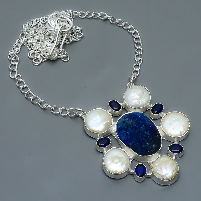 Blue Quartz Drusy & Pearl 925 Sterling Silver Chain Pendant 20-22" T99