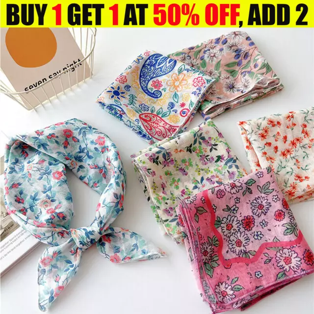 Floral Cotton Linen Square Scarf Lady Head Wraps Neckerchief Soft Neck Scarves