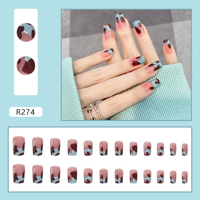 Press On Fake Nails Decor French Long Square Blue Leopard Artificial Nail Tips