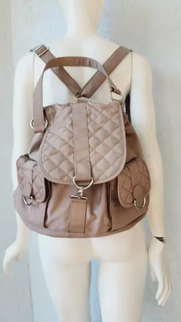 Travelon Convertible Drawstring Backpack Shoulder Bag Tan Quilted Daypack RFID
