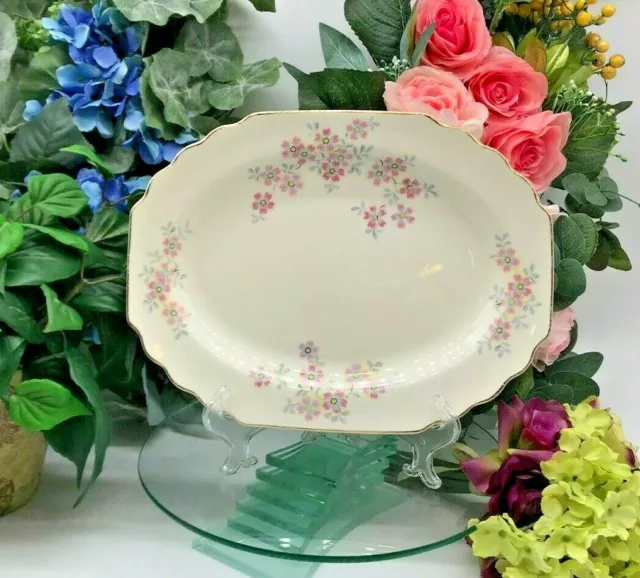 WS George Lido Pink/Blue Flowers Grey Leaves Small Serving Platter/Tray 11 3/4"