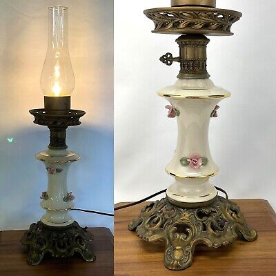 Vtg Porcelain Roses Lamp Gone w the Wind Parlor Electric Oil Victorian Art Deco