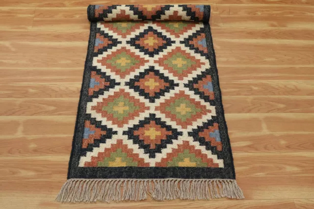 Laine Jute Kilim Tissé à la Main Noir Zone Tapis Éscalier Chemin Chambre 0.6x3m