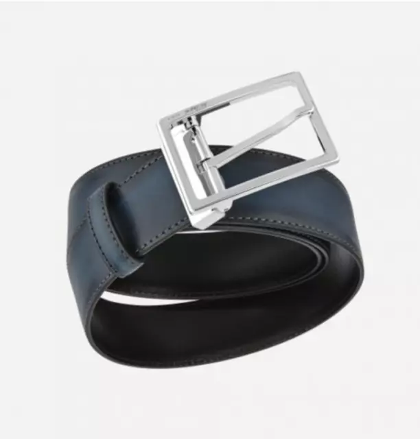 S.T. Dupont Atelier Blue & Black Leather Belt, Palladium Buckle, 7650210, NIB