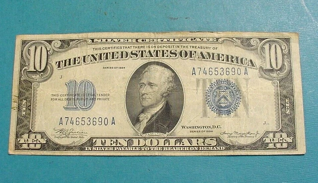 Series 1934 $10 Ten Dollars Silver Certificate Blue Seal Note Serial A74653690 A