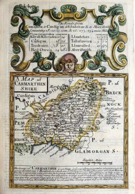 CARMARTHENSHIRE  WALES  BY EMANUEL BOWEN c1720 GENUINE ANTIQUE MAP