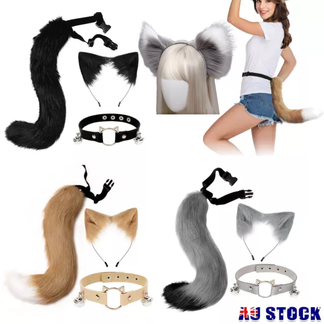 Simulation Cat Ears Tail Necklace Set Cosplay Props Plush Wolf Fox Hair Hoop AU