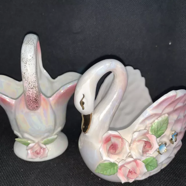 VINTAGE Lustre Ware Swan And Basket Applied Florals