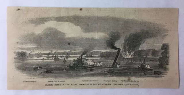 1862 magazine engraving~ CLOSING SCENE, NAVAL ENGAGEMENT BEFORE MEMPHIS