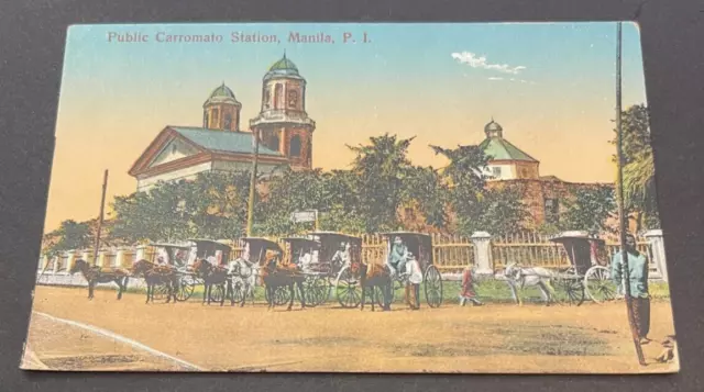 Antique Public Carromato Station Manilla Philippines Postcard Rare