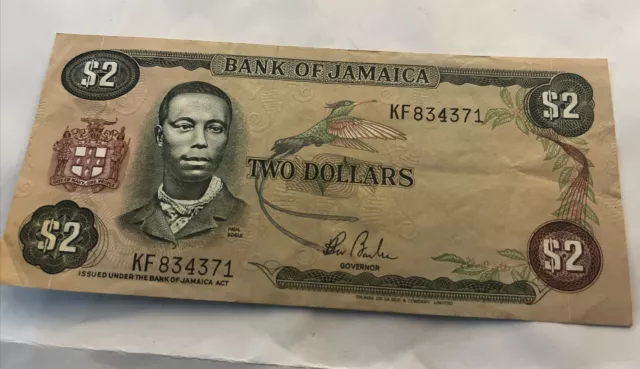 Bank Of Jamaica - 2 Dollar Note; circa 1982-86.  Ungraded, circulated.